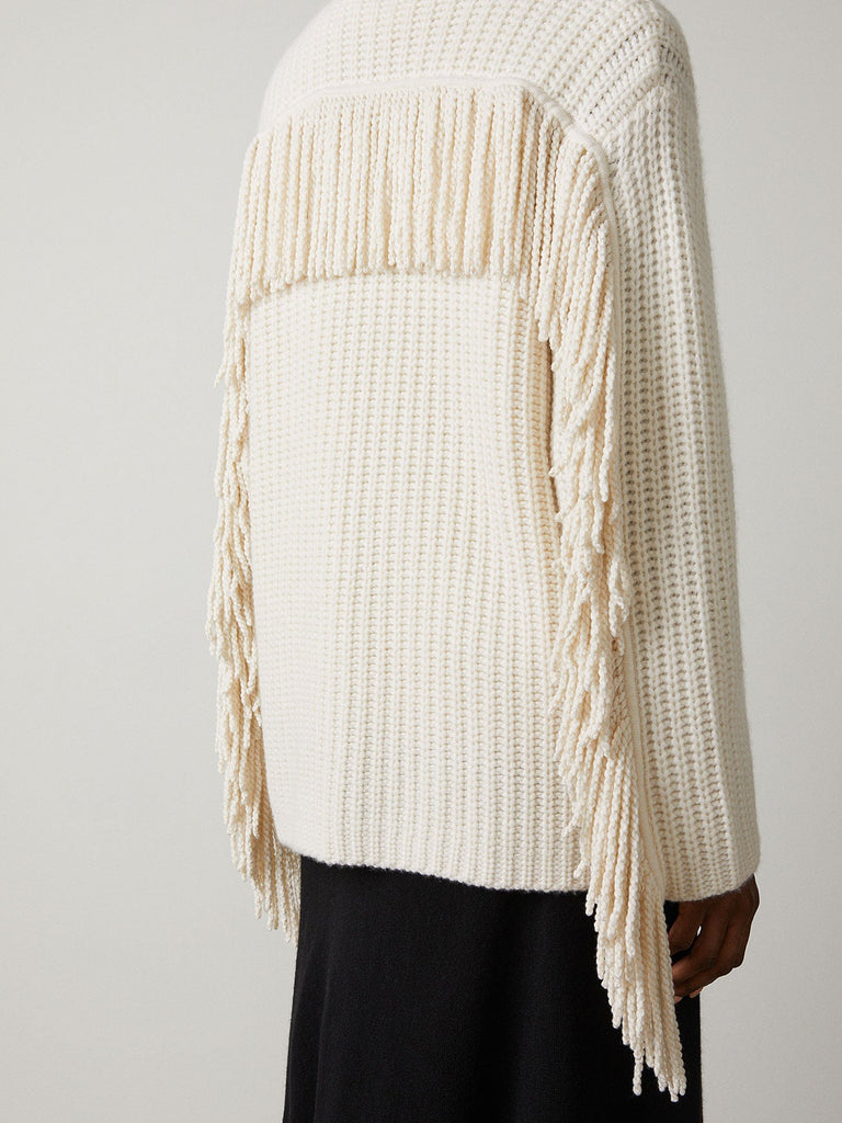 Elisa Cardigan Cream | Lisa Yang | White cardigan with zipper and fringes in 100% cashmere