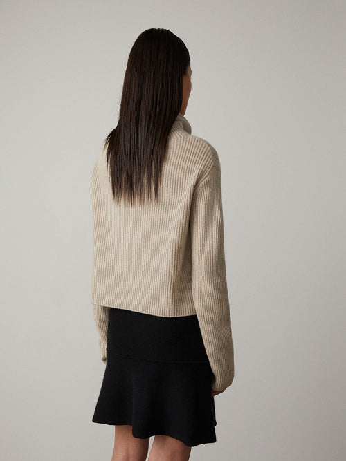 Ella Sweater Sand | Lisa Yang | Beige high neck sweater in 100% cashmere