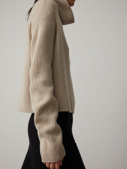 Ella Sweater Sand | Lisa Yang | Beige high neck sweater in 100% cashmere