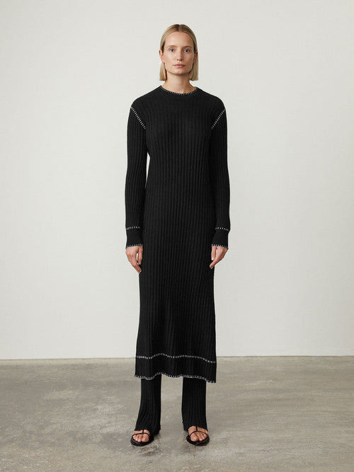 Nette Dress Black | Lisa Yang | Black white stitching long sleeved dress in 100% cashmere