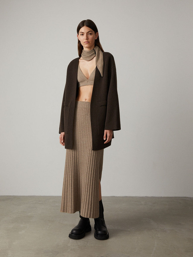 Celine Skirt Mole | Lisa Yang | Brown beige ribbed long skirt in 100% cashmere