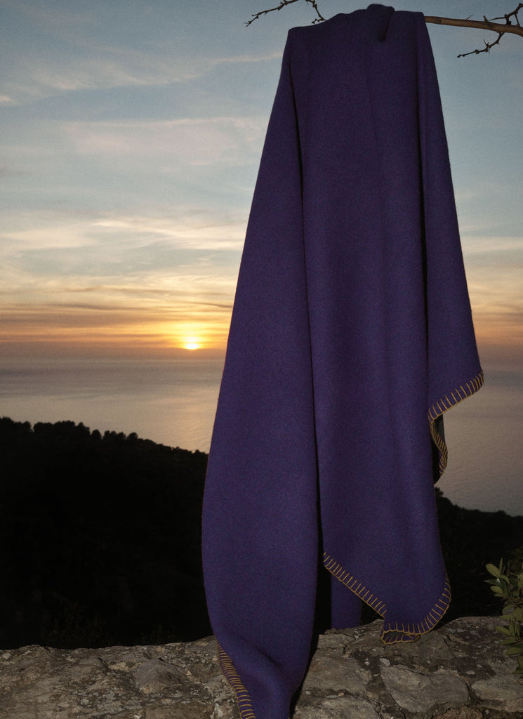 Stockholm Blanket Deep Violet, Graphite & Dijon | Lisa Yang | Dark purple, dark grey & yellow stitching blanket in 100% cashmere