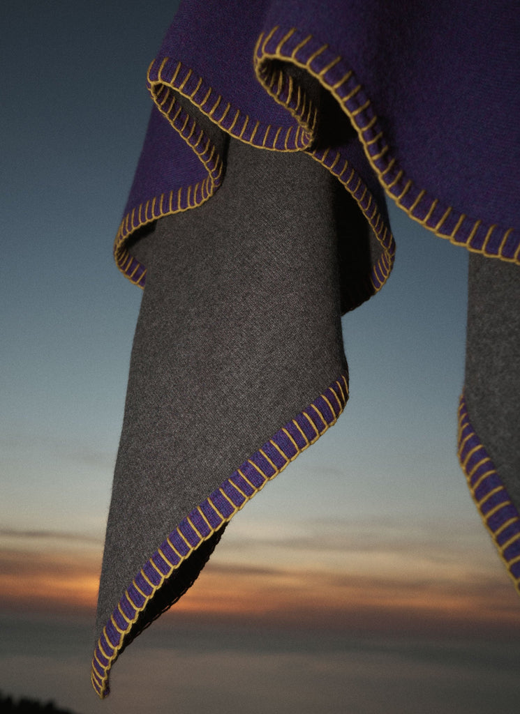 Stockholm Blanket Deep Violet, Graphite & Dijon | Lisa Yang | Dark purple, dark grey & yellow stitching blanket in 100% cashmere