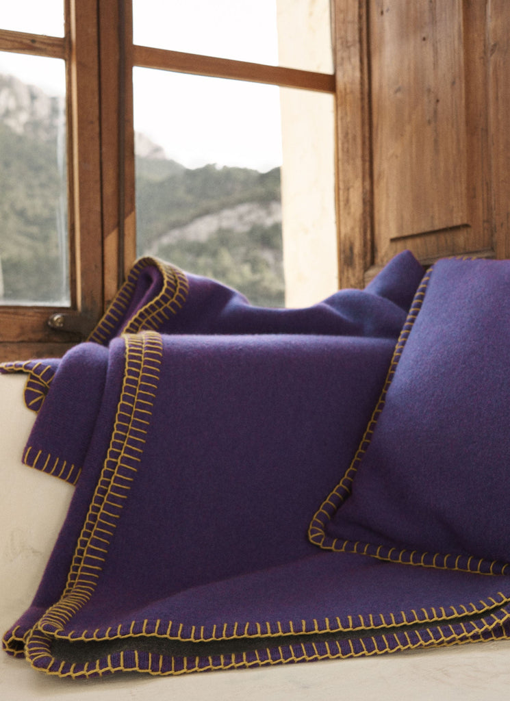 Stockholm Blanket Deep Violet, Graphite & Dijon | Lisa Yang | Dark purple, dark grey & yellow stitching blanket in 100% cashmere